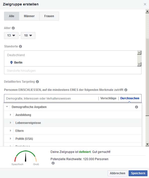 Zielgruppe bestimmen im Formular bei FB